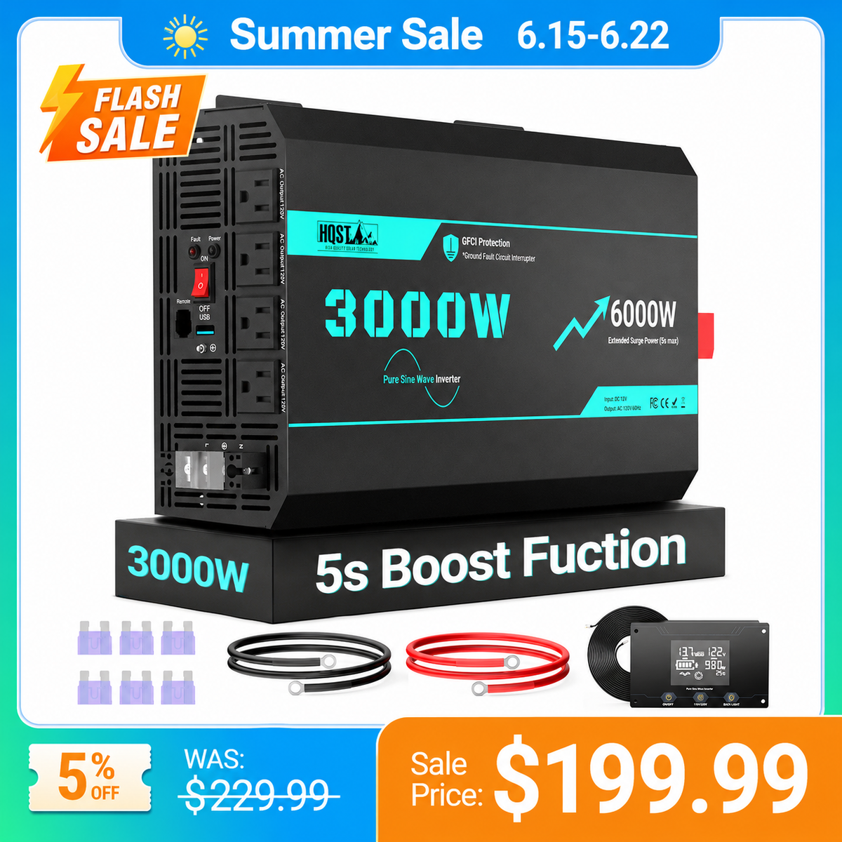 HQST 3000W Pure Sine Wave Inverter 12V | 6000W Surge, GFCI & Remote