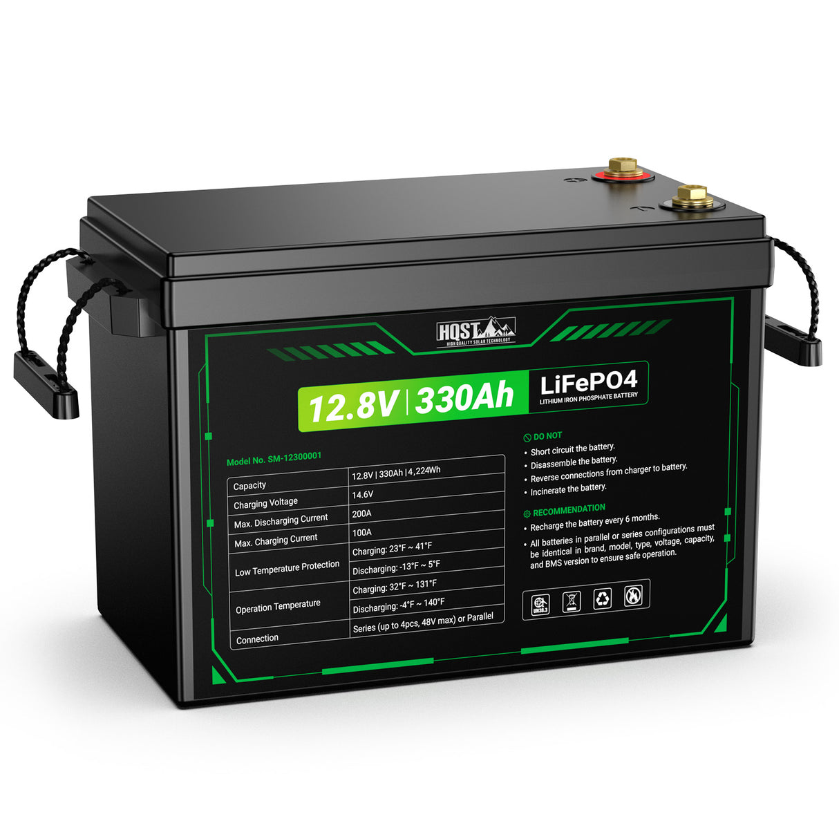 A black rectangular lithium-ion battery with a large front label showing specifications and a green border. The brand name 'HQST' is visible at the top of the label.