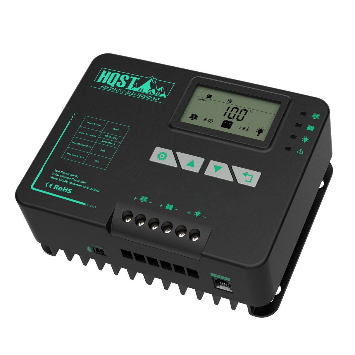 HQST MPPT Solar Charge Controller 20 Amp Negative Ground Controller with Bluetooth LCD Display, 12V/24V DC Input Solar Panel Regulator for Gel Sealed Flooded and Lithium Battery