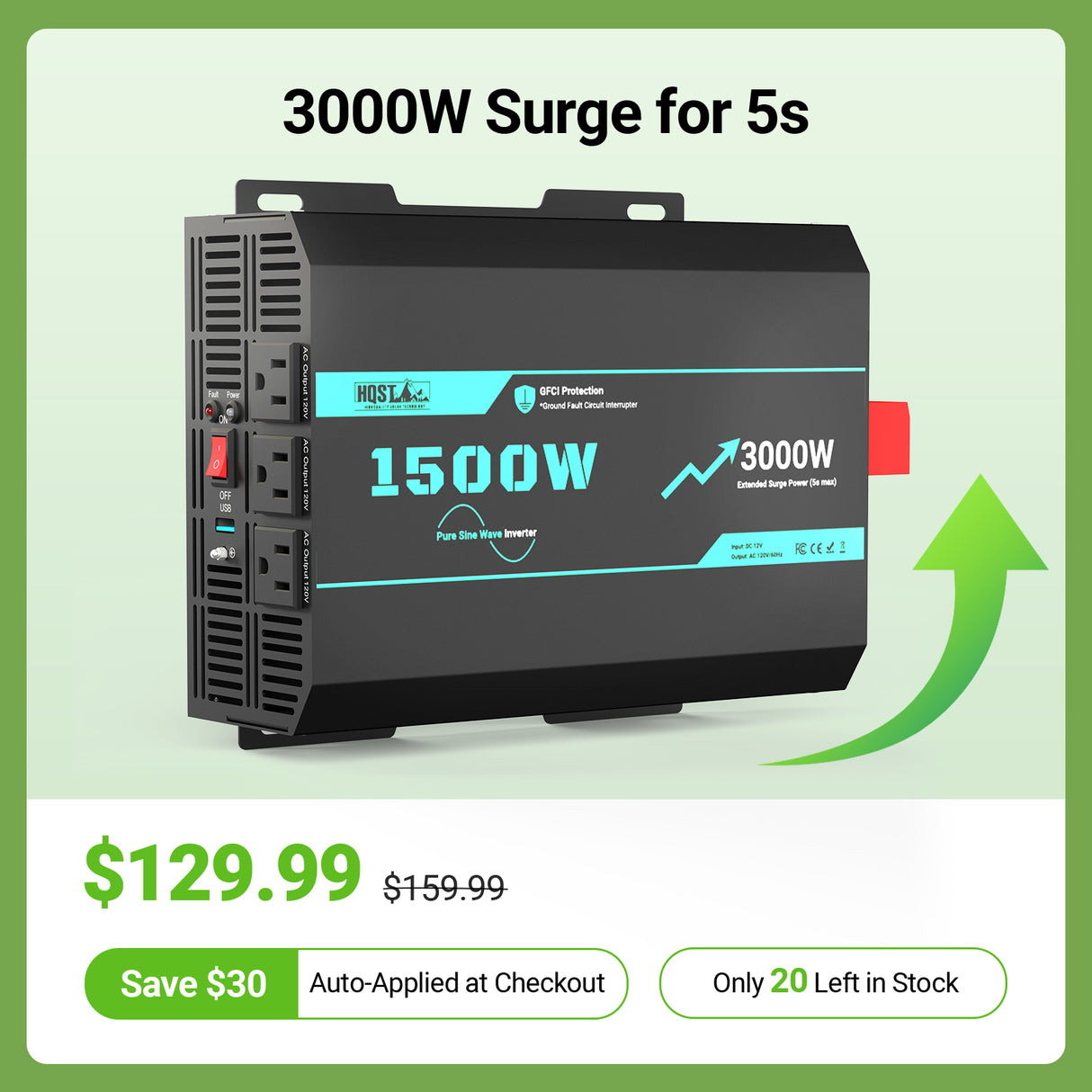 HQST 1500W Pure Sine Wave Inverter 12V to 120V with 3000W Surge & GFCI Protection