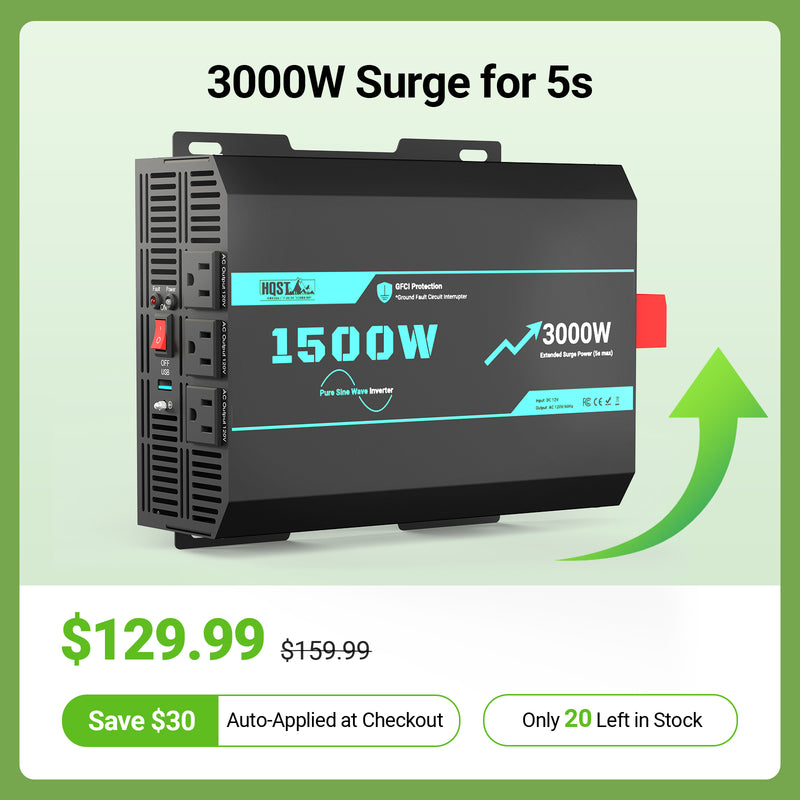 HQST 1500W Pure Sine Wave Inverter 12V to 120V with 3000W Surge & GFCI Protection