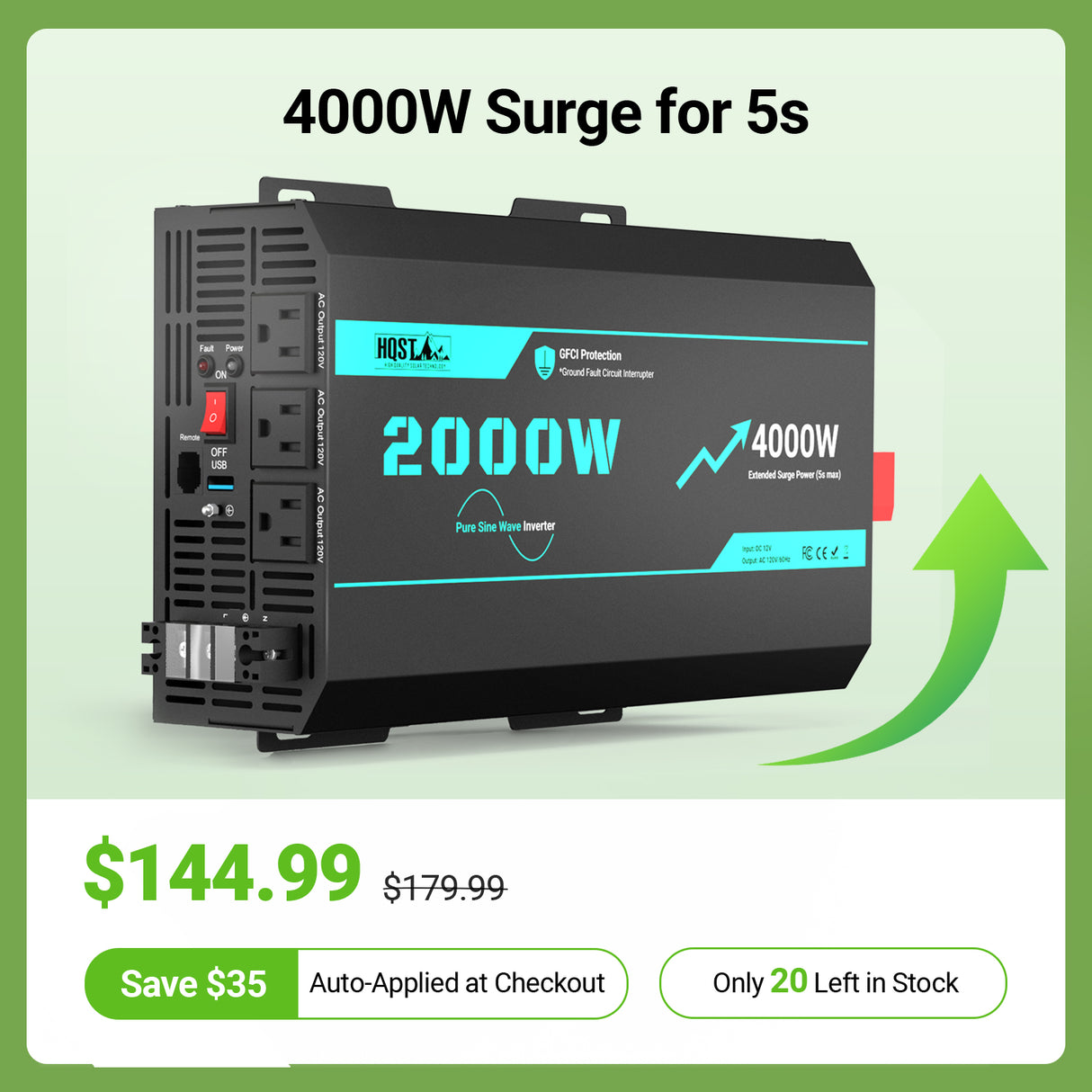2000W 12V Pure Sine Wave Inverter with 4000W Surge (5s max) and Wired Remote Control