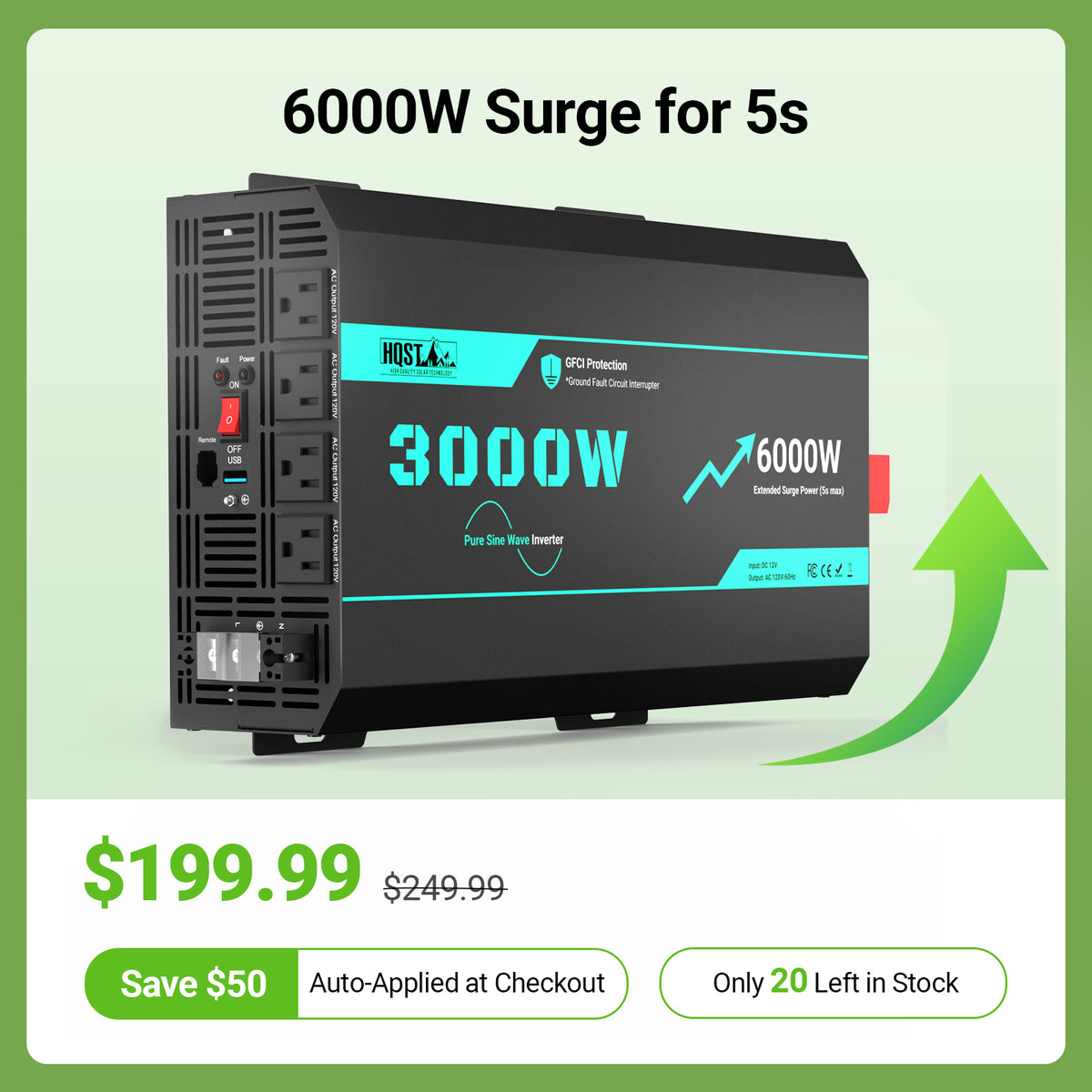 HQST 3000W Pure Sine Wave Inverter 12V | 6000W Surge, GFCI & Remote