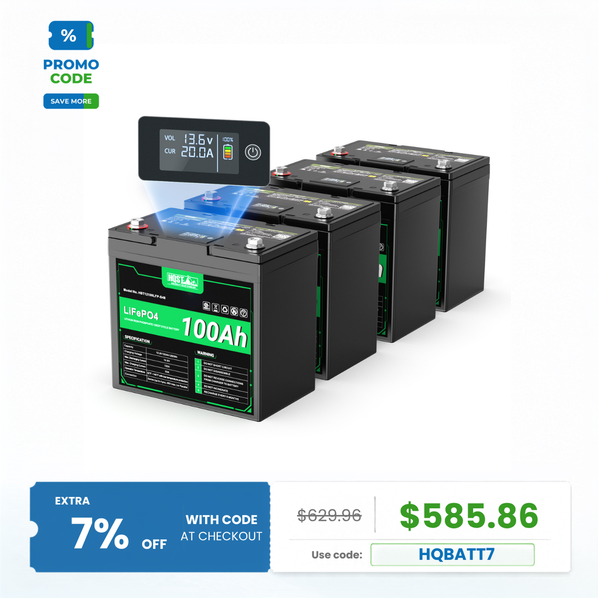 HQST 12V 100Ah LiFePO4 Battery, Mini Size Group 22NF with LED Meter, 10+ Years Lifespan