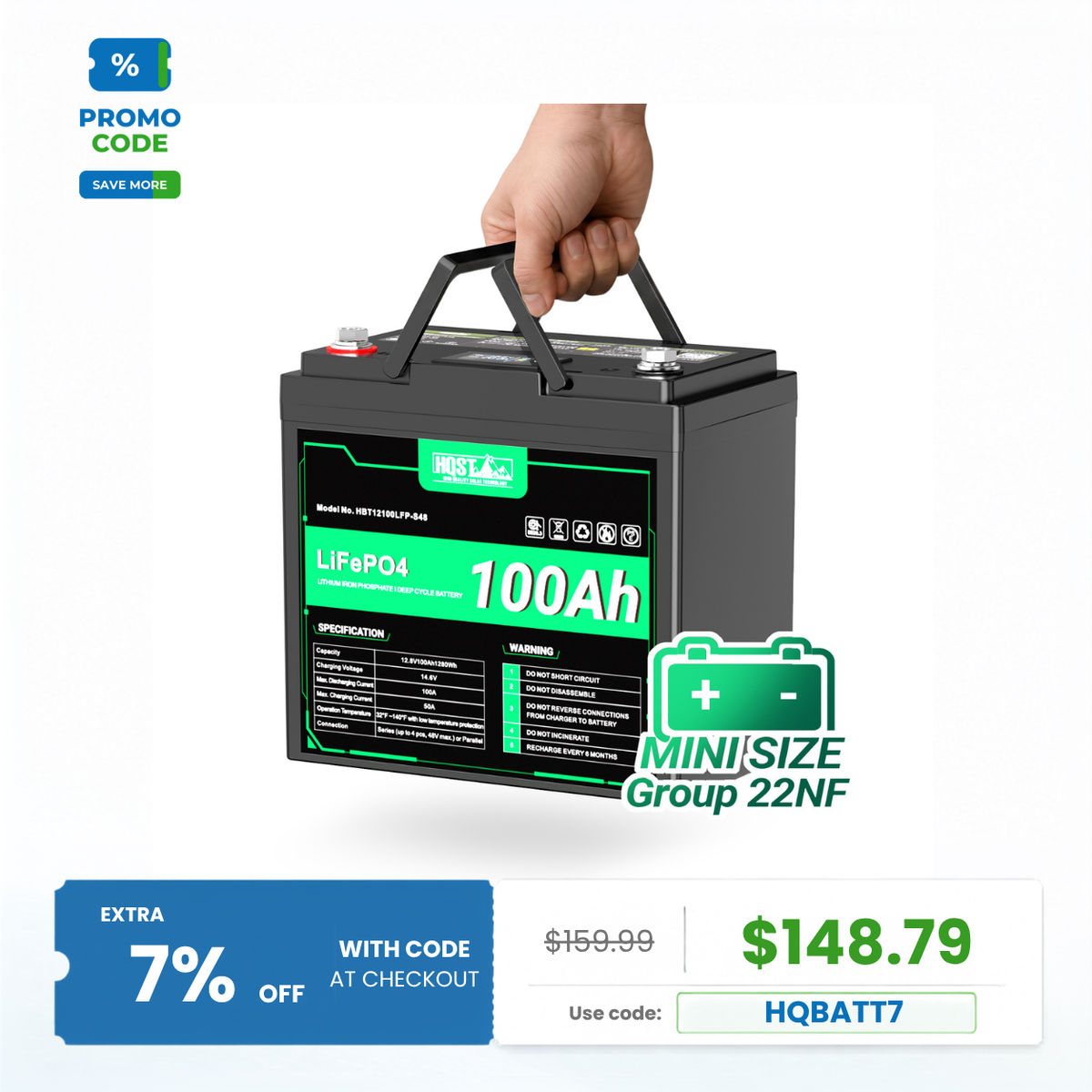 HQST 12V 100Ah LiFePO4 Battery, Mini Size Group 22NF with LED Meter, 10+ Years Lifespan