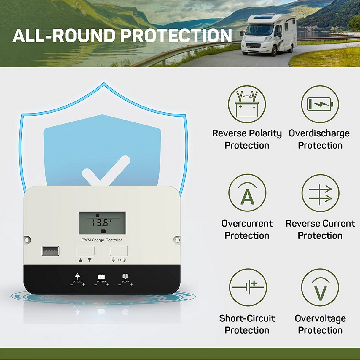 HQST 20A PWM Flush Mount Charge Controller w/ LCD Display 