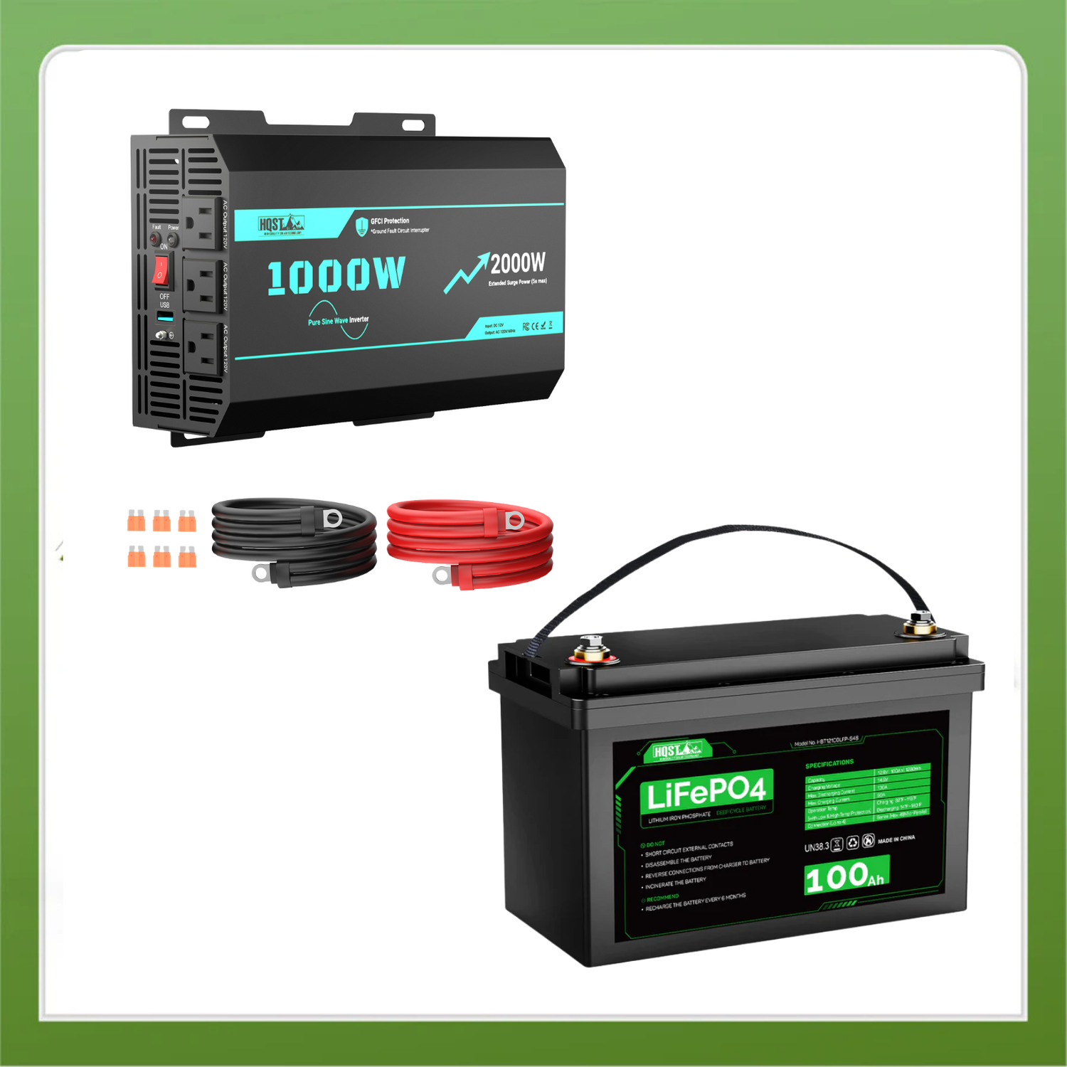 Power inverter, battery, and cables on a white background with a green border.