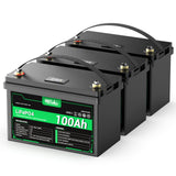 3-Pack HQST 12V 100Ah LiFePO4 Battery with LED Display.