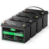 4-Pack HQST 12V 100Ah LiFePO4 Battery with LED Display.
