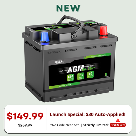 Black HQST 680CCA AGM automotive replacement battery designed for start-stop vehicles, Group 47 H5 compatible.